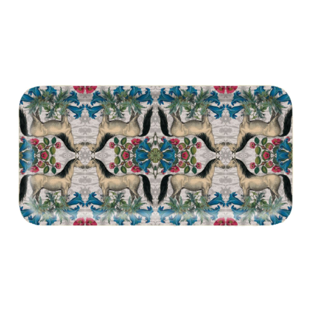 Patch NYC White Horse Floral Rectangle Birch Wood Tray