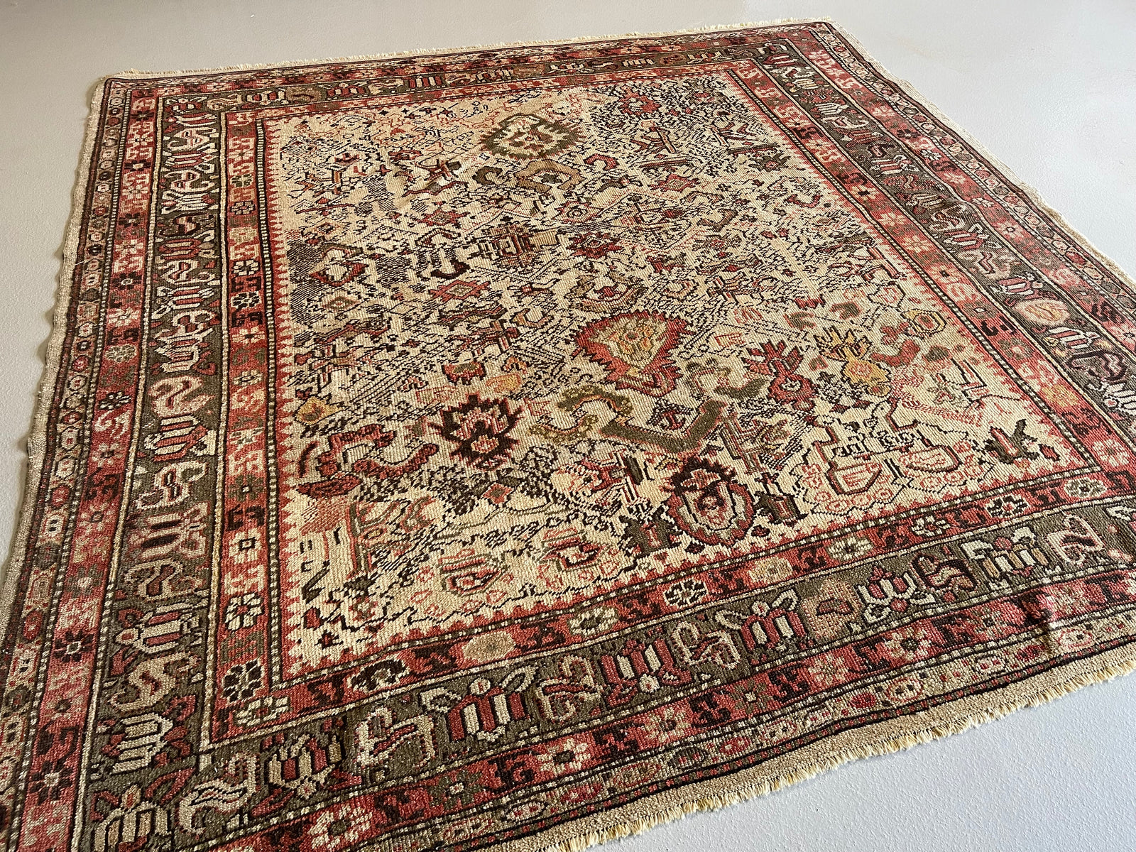 8.6' x 8.10' Antique Turkish Rug #3 Oushak Olive Border 