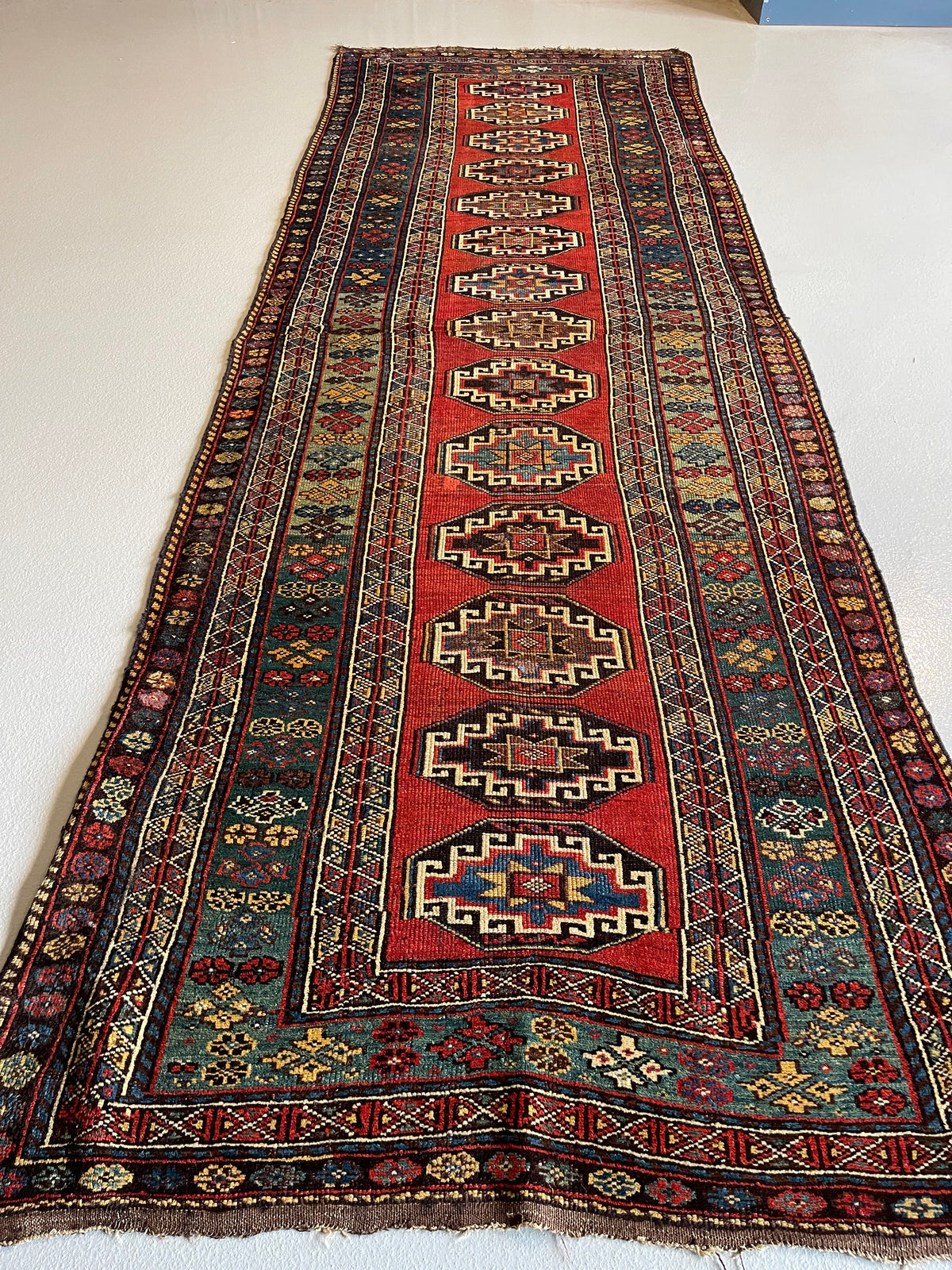 Antique Russian #62 Kazak Red Rug 13&#39; x 4.4&#39;