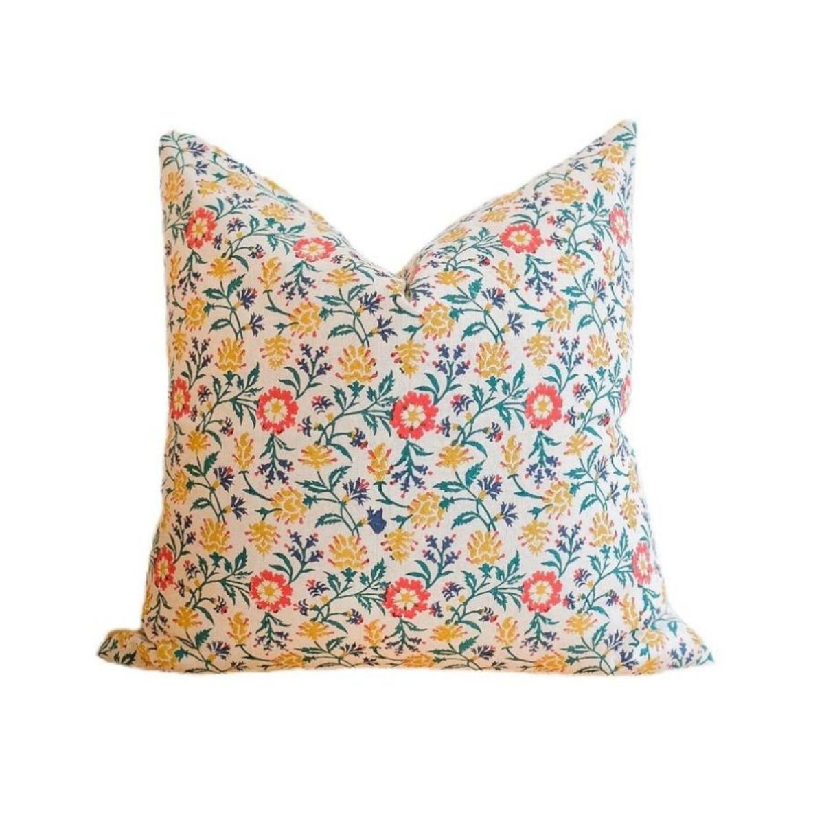 Mustard on Natural Floral Hand Block Linen Square Pillow 