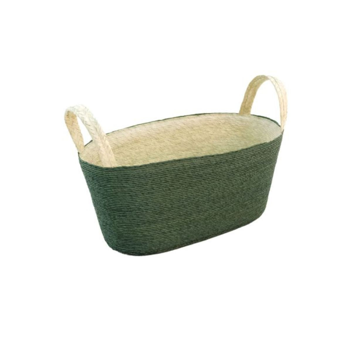 Handmade Oval Floor Basket with Handles in Cactus Green