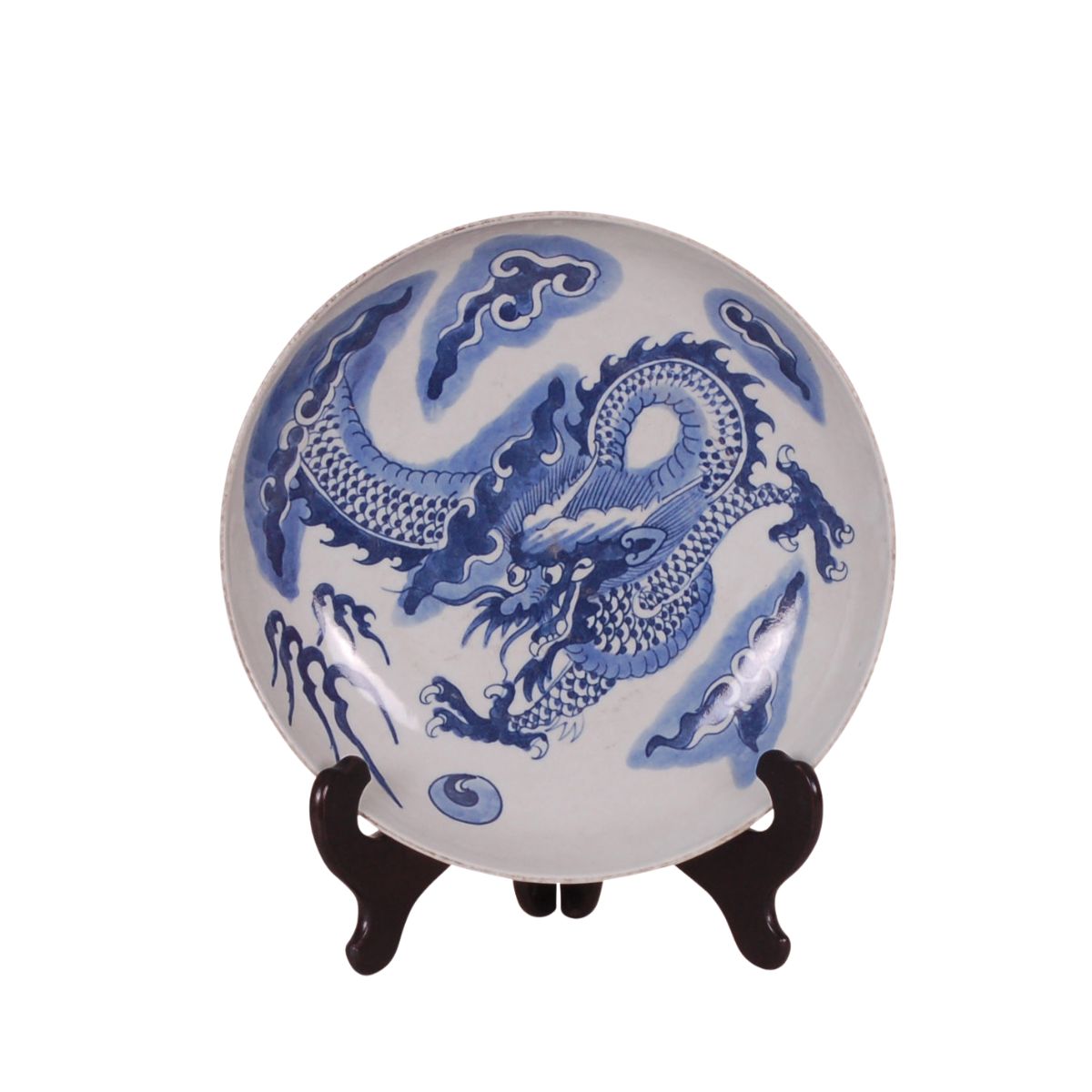 Blue and White Chinese Porcelain Plate, Dragon Design