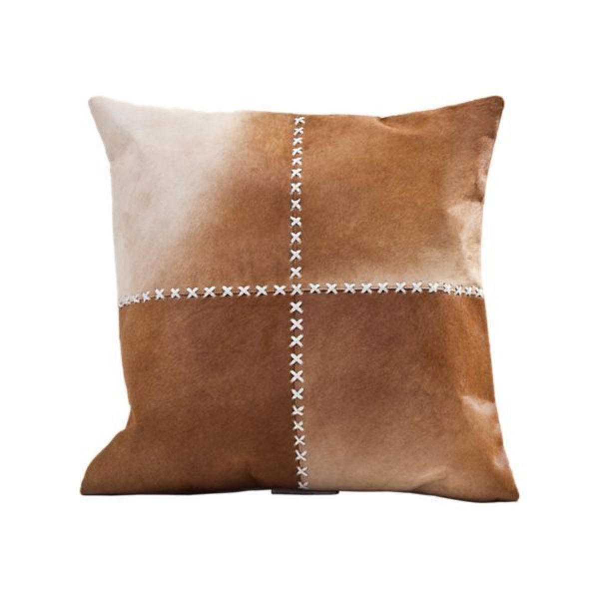 Natural Cowhide Tan Square Pillow with Cross Stitch Detail