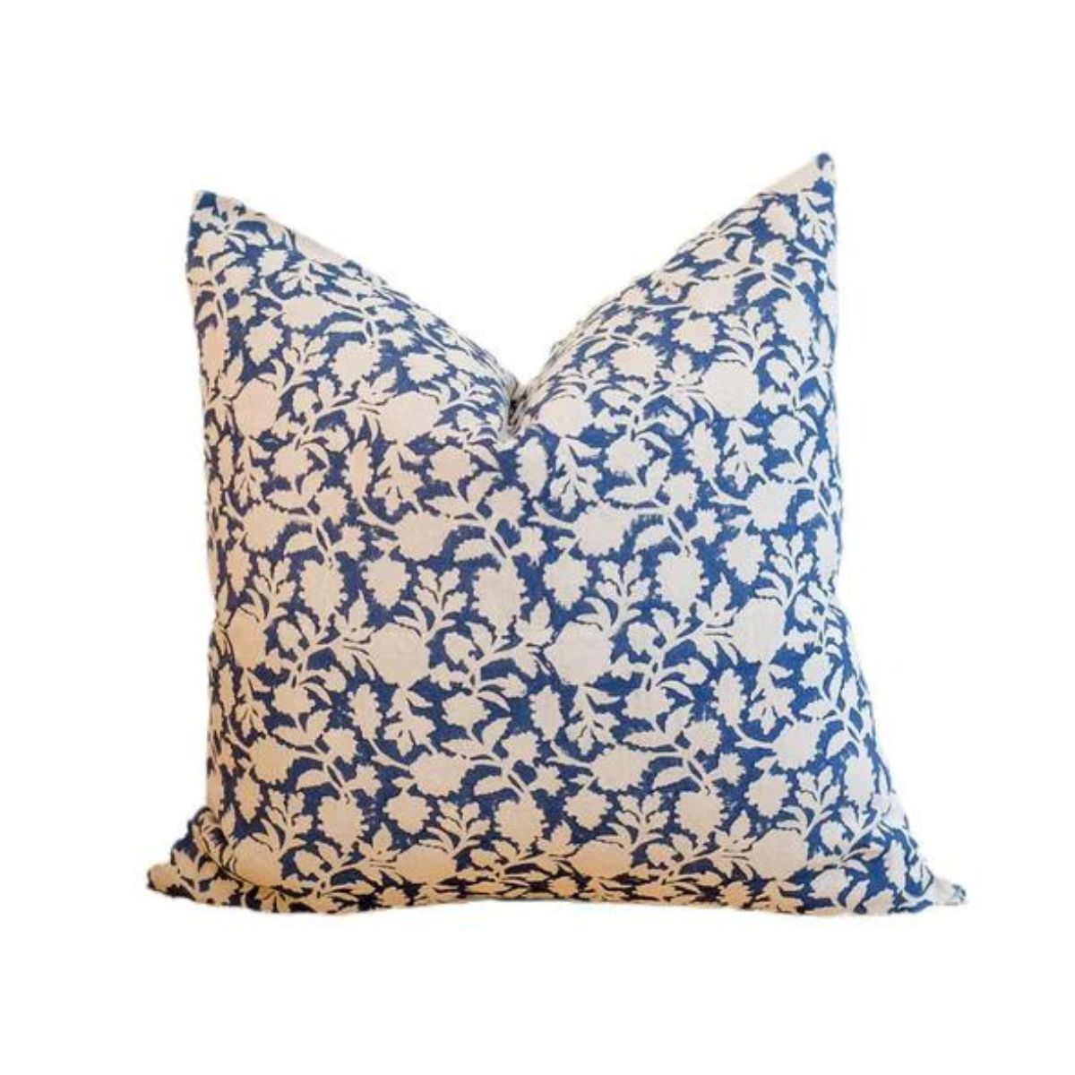 Blue and Natural Floral Hand Blocked Linen Square Pillow 